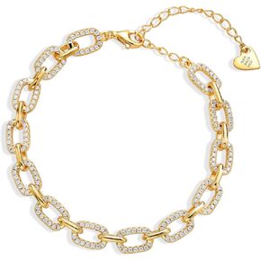 Gem Stone King 18K Yellow Gold Plated Silver Link Chain White Moissanite Bracelet for Women (1.47 Cttw, 6.6MM Width, Fully Adjustable Up to 8.25 Inch)