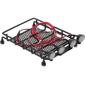 RC Car Roof Rack, Middle Size Roof Rack Luggage Carrier with 4 Round LED Lights for Axial SCX10 1/10 RC Crawler Car(4 White Light Color)