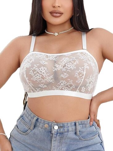 MakeMeChic Women's Plus Size Floral Lace Bra Wireless Sheer Adjustable Strap Bralette Top in Kuwait
