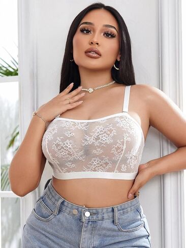 MakeMeChic Women's Plus Size Floral Lace Bra Wireless Sheer Adjustable Strap Bralette Top in Kuwait