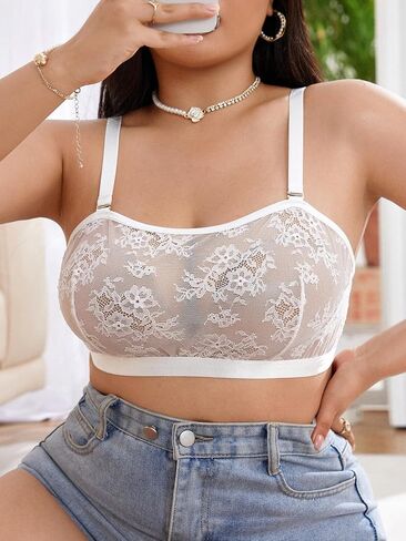 MakeMeChic Women's Plus Size Floral Lace Bra Wireless Sheer Adjustable Strap Bralette Top in Kuwait