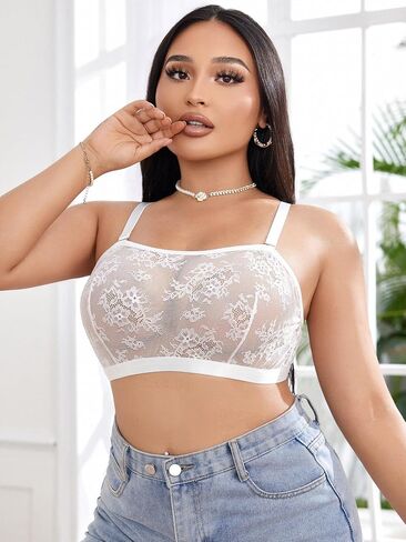 MakeMeChic Women's Plus Size Floral Lace Bra Wireless Sheer Adjustable Strap Bralette Top in Kuwait