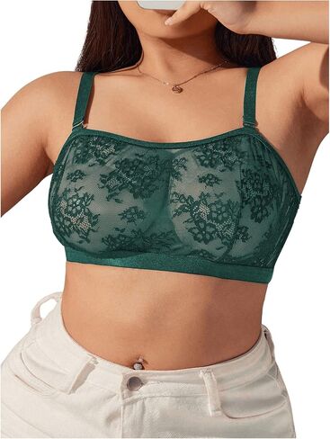 MakeMeChic Women's Plus Size Floral Lace Bra Wireless Sheer Adjustable Strap Bralette Top in Kuwait