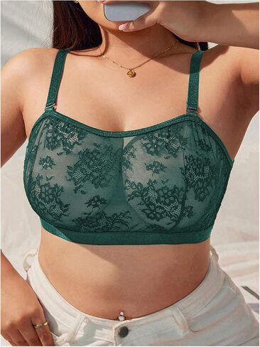 MakeMeChic Women's Plus Size Floral Lace Bra Wireless Sheer Adjustable Strap Bralette Top in Kuwait