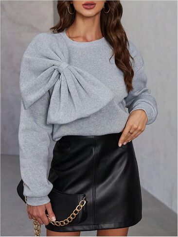 GORGLITTER Women's Bow Front Long Sleeve Sweatshirt Crewneck Drop Shoulder Pullover Tops in Saudi Arabia