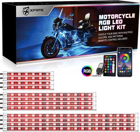 مجموعة Xprite للدراجات النارية LED Underglow، بلوتوث مع جهاز تحكم عن بعد لاسلكي RGB متعدد الألوان، مصابيح متوهجة تحت الجسم من السيليكون المقاوم للماء، شريط أحمر للفرامل، 12 قطعة in Saudi Arabia
