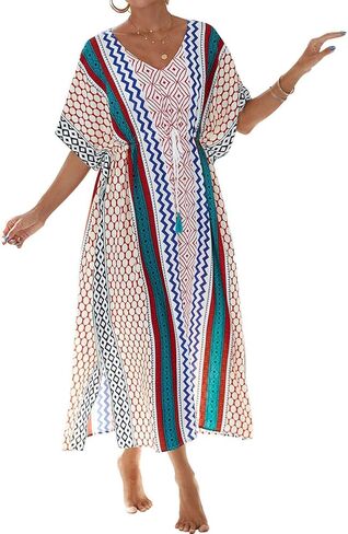 فساتين قفطان Bsubseach للنساء مقاس كبير لباس السباحة يغطي فستان قفطان طويل مع رباط خصر B-طباعة هندسية 1 in Kuwait