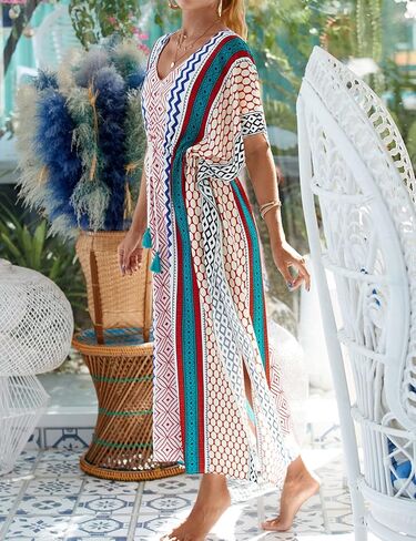 فساتين قفطان Bsubseach للنساء مقاس كبير لباس السباحة يغطي فستان قفطان طويل مع رباط خصر B-طباعة هندسية 1 in Kuwait