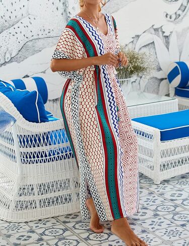 فساتين قفطان Bsubseach للنساء مقاس كبير لباس السباحة يغطي فستان قفطان طويل مع رباط خصر B-طباعة هندسية 1 in Kuwait