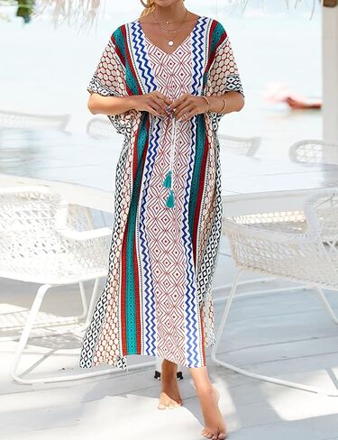 فساتين قفطان Bsubseach للنساء مقاس كبير لباس السباحة يغطي فستان قفطان طويل مع رباط خصر B-طباعة هندسية 1 in Kuwait