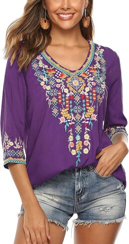 Grosy Womens Casual Summer Tops, Hippie Clothes, Traditional Floral Embroidered Boho Shirt, Mexican Peasant Blouses for Women in Saudi Arabia