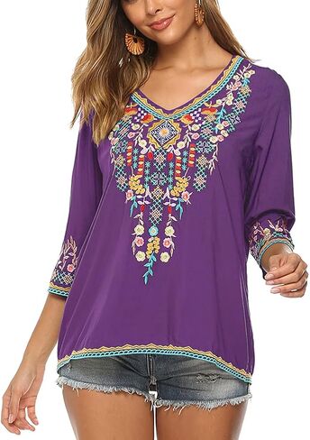 Grosy Womens Casual Summer Tops, Hippie Clothes, Traditional Floral Embroidered Boho Shirt, Mexican Peasant Blouses for Women in Saudi Arabia