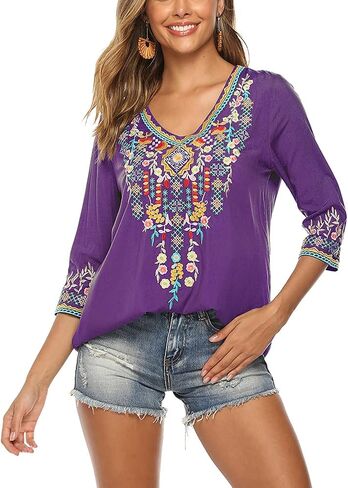 Grosy Womens Casual Summer Tops, Hippie Clothes, Traditional Floral Embroidered Boho Shirt, Mexican Peasant Blouses for Women in Saudi Arabia