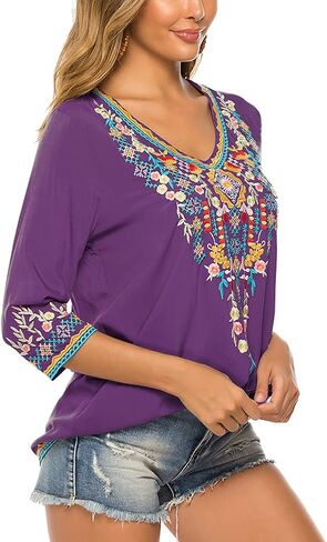Grosy Womens Casual Summer Tops, Hippie Clothes, Traditional Floral Embroidered Boho Shirt, Mexican Peasant Blouses for Women in Saudi Arabia