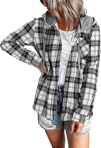 Knemksplanet Women Plaid Hooded Shirt Drawstring Flannel Sweatshirt Hoodie Jacket Casual Button Down Blouse Tops with Pocket in Kuwait