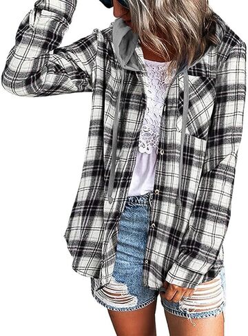 Knemksplanet Women Plaid Hooded Shirt Drawstring Flannel Sweatshirt Hoodie Jacket Casual Button Down Blouse Tops with Pocket in Kuwait