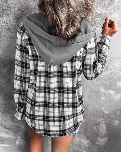 Knemksplanet Women Plaid Hooded Shirt Drawstring Flannel Sweatshirt Hoodie Jacket Casual Button Down Blouse Tops with Pocket in Kuwait