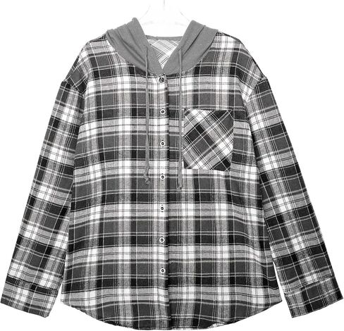 Knemksplanet Women Plaid Hooded Shirt Drawstring Flannel Sweatshirt Hoodie Jacket Casual Button Down Blouse Tops with Pocket in Kuwait