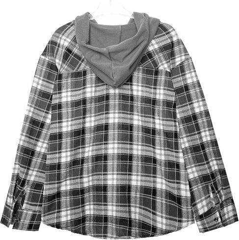 Knemksplanet Women Plaid Hooded Shirt Drawstring Flannel Sweatshirt Hoodie Jacket Casual Button Down Blouse Tops with Pocket in Kuwait