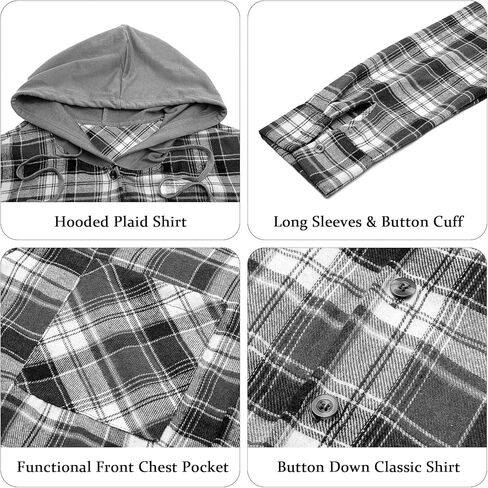 Knemksplanet Women Plaid Hooded Shirt Drawstring Flannel Sweatshirt Hoodie Jacket Casual Button Down Blouse Tops with Pocket in Kuwait