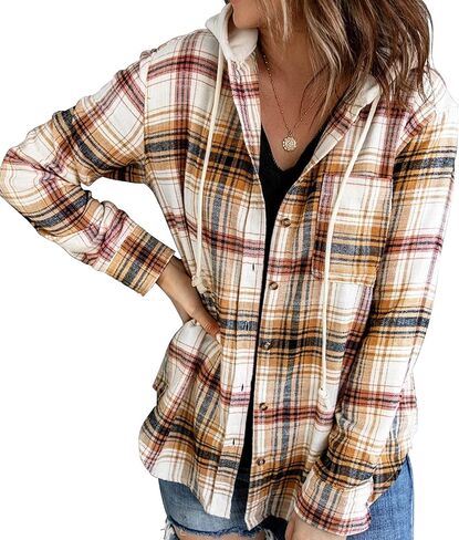 Knemksplanet Women Plaid Hooded Shirt Drawstring Flannel Sweatshirt Hoodie Jacket Casual Button Down Blouse Tops with Pocket in Kuwait