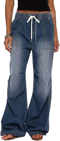 Flamingals Women's Wide Leg Cargo Jeans Drawstring High Rise Elastic Stretchy Wash Flap Pocket Casual Cargo Jeans in Saudi Arabia