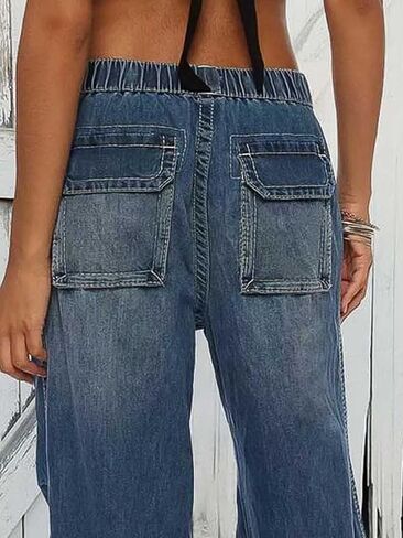 Flamingals Women's Wide Leg Cargo Jeans Drawstring High Rise Elastic Stretchy Wash Flap Pocket Casual Cargo Jeans in Saudi Arabia