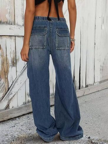 Flamingals Women's Wide Leg Cargo Jeans Drawstring High Rise Elastic Stretchy Wash Flap Pocket Casual Cargo Jeans in Saudi Arabia