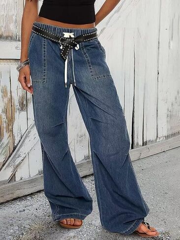 Flamingals Women's Wide Leg Cargo Jeans Drawstring High Rise Elastic Stretchy Wash Flap Pocket Casual Cargo Jeans in Saudi Arabia
