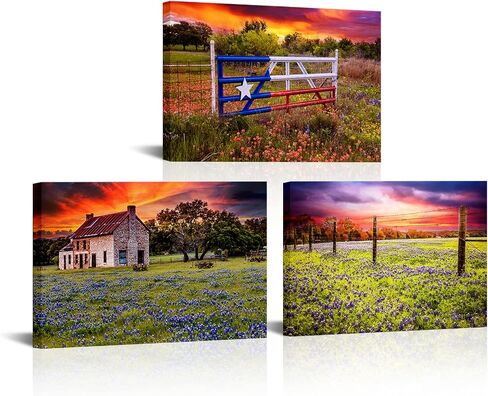 ouelegent تكساس مزرعة قماش جدار الفن bluebonnet الميدان يطبع مزرعة المناظر الطبيعية اللوحة صور لغرفة المعيشة المطبخ غرفة نوم مكتب ديكور المنزل جاهزة للتعليق 3 لوحات (صغيرة) in Kuwait