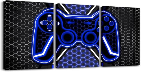 Feelyou Gamer Canvas Wall Art Gaming Bathroom Wall Art for Home Decor 12"x16" 3 Piece for Teens Bedroom Decor Lighting Honeycomb Office Wall Artwork Posters Blue and Black Geometric Wall Painting in Kuwait