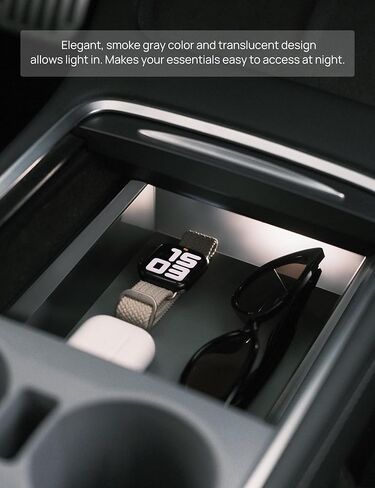 TPARTS Center Console Storage Drawer with Silicone Layer for Tesla Model 3/Y Accessories Interior, Translucent Smoke Gray Organizer Tray, Maximize Storage Space in Kuwait