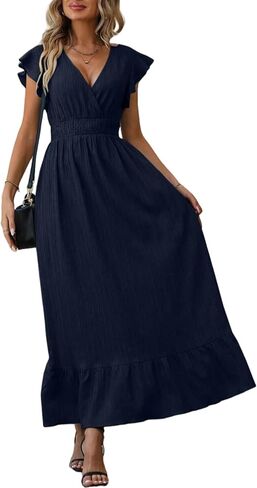 Women's Casual Dress V Neck Wrap Dress Short Ruffle Sleeve Flowy Maxi Dress High Waist in Kuwait