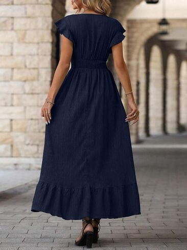 Women's Casual Dress V Neck Wrap Dress Short Ruffle Sleeve Flowy Maxi Dress High Waist in Kuwait