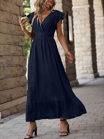 Women's Casual Dress V Neck Wrap Dress Short Ruffle Sleeve Flowy Maxi Dress High Waist in Kuwait