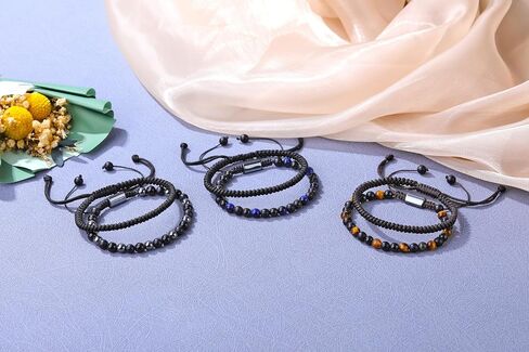 PESOENTH Mens Bracelets Obsidian Tiger Eye Bracelet For Men 6MM Natural Stone Beads Bracelet Set Braided Bracelets Adjustable Mens Bracelets Set Mens jewelry Gift for Boyfriend Dad in Saudi Arabia