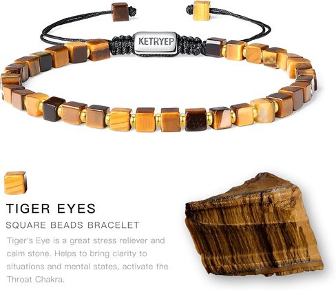 Mens Beaded Bracelets 4mm Square Natural Stone Bracelets for Men Black Onyx Matte Agate Tiger Eyes Lava Rock Hematite Bracelets for Men Christmas Birthday Gifts for Him in Kuwait