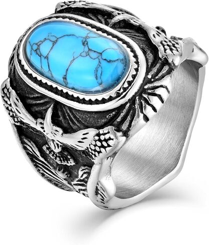 Retro Turquoise Ring for Men Stainless Steel Oval Biker Ring Jewelry for Men,Size7-13 in Kuwait