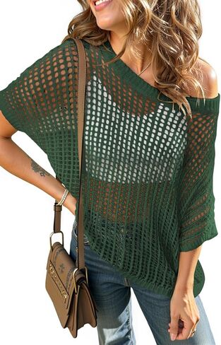 سترة نسائية صيفية بأكمام قصيرة من الكروشيه من UEU، سترة محبوكة كاجوال بدون أكتاف، سترة مجوفة للسباحة والشاطئ in Kuwait