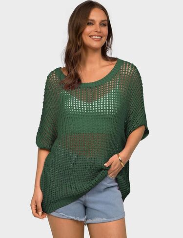 سترة نسائية صيفية بأكمام قصيرة من الكروشيه من UEU، سترة محبوكة كاجوال بدون أكتاف، سترة مجوفة للسباحة والشاطئ in Kuwait