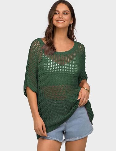 سترة نسائية صيفية بأكمام قصيرة من الكروشيه من UEU، سترة محبوكة كاجوال بدون أكتاف، سترة مجوفة للسباحة والشاطئ in Kuwait