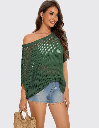 سترة نسائية صيفية بأكمام قصيرة من الكروشيه من UEU، سترة محبوكة كاجوال بدون أكتاف، سترة مجوفة للسباحة والشاطئ in Kuwait