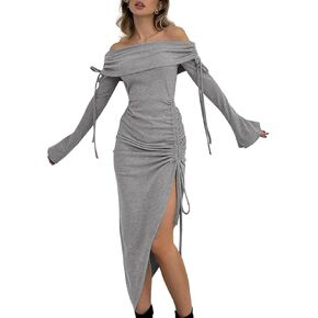 Sedrinuo Women's Sexy Off Shoulder Long Dress Long Sleeve Irregular Hem Ruched Drawstring Slit Bell Sleeve Solid Maxi Dresses