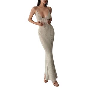 SHENHE Women's Deep V Neck Criss Cross Backless Bodycon Sexy Knitted Maxi Dress