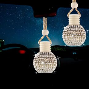 2 Pcs Bling Car Air Freshener Hanging Crystal Ball Empty Essential Oil Diffuser Car Rear View Mirror Pendant Perfume Bottles for Women Girls Gifts Interior Decoration