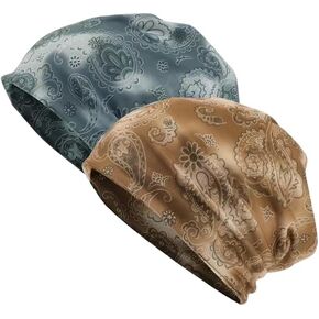 Paisley Printed Slouchy Beanie Hats, Set of 2, Blue and Tan
