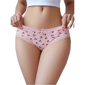 SHENHE Women's Kawaii Lace Trim Panty Low Rise Cute Cherry Print Soft Brief Underwear