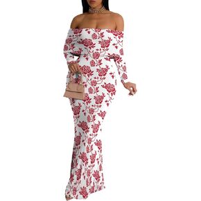Women's Off Shoulder Elegant Maxi Dresses Long Sleeve Bodycon Evening Party Cocktail Dress