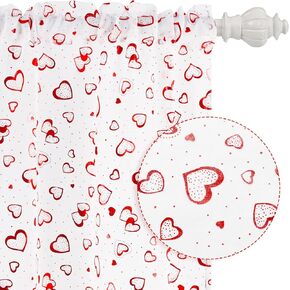 ASPMIZ Valentine's Day Sheer Curtains 63 Inch Length, Red Heart Foil Print Curtains, White Valentines Day Curtains for Living Room, Love Hearts Rod Pocket Window Curtains, 52" W x 63" L