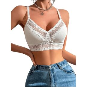 WDIRARA Women's Contrast Lace Ribbed Knit Cami Bra V Neck Wire Free Bralette Comfy Everyday Bras